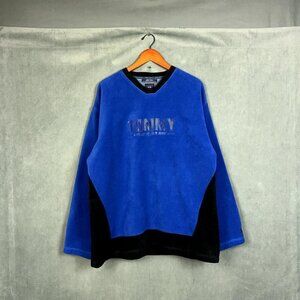 Y2K Tommy Jeans Hilfiger Fleece Sweathirt Mens Large‎ Blue Black V-Neck